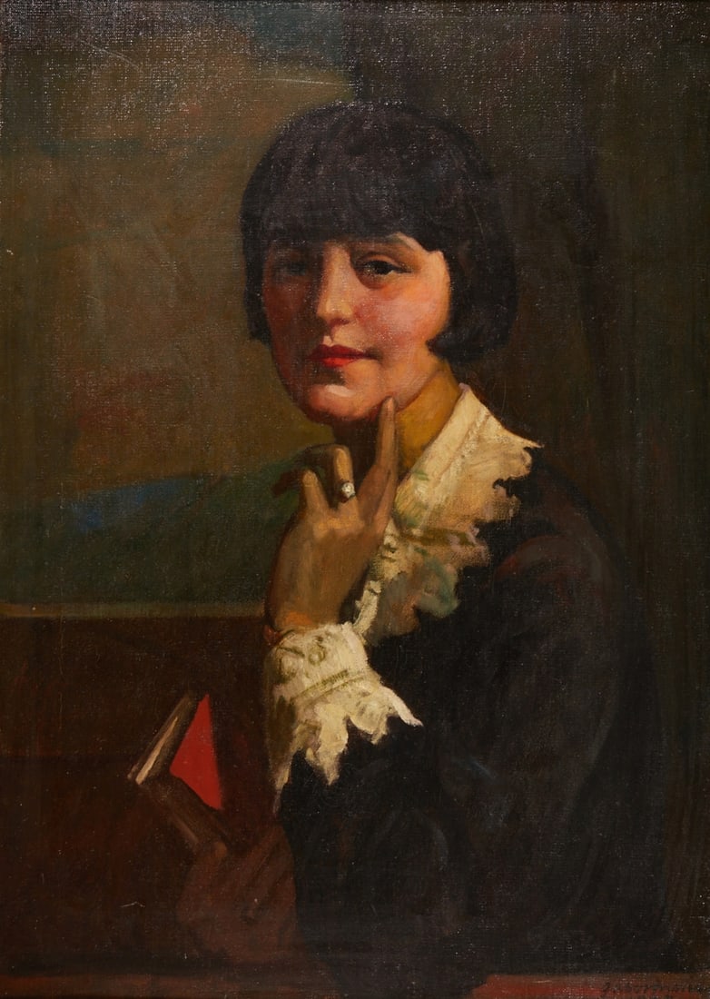Móric Gábor: Móric Gábor 1889 - 1987 Budapest - Young woman with bob cut - (1928) Oil/canvas. Doubled. 76 x 55.5 cm. 95 x 73 cm (dimensions with frame). Signed and dated lower right: gabor moric / 1928. Frame.