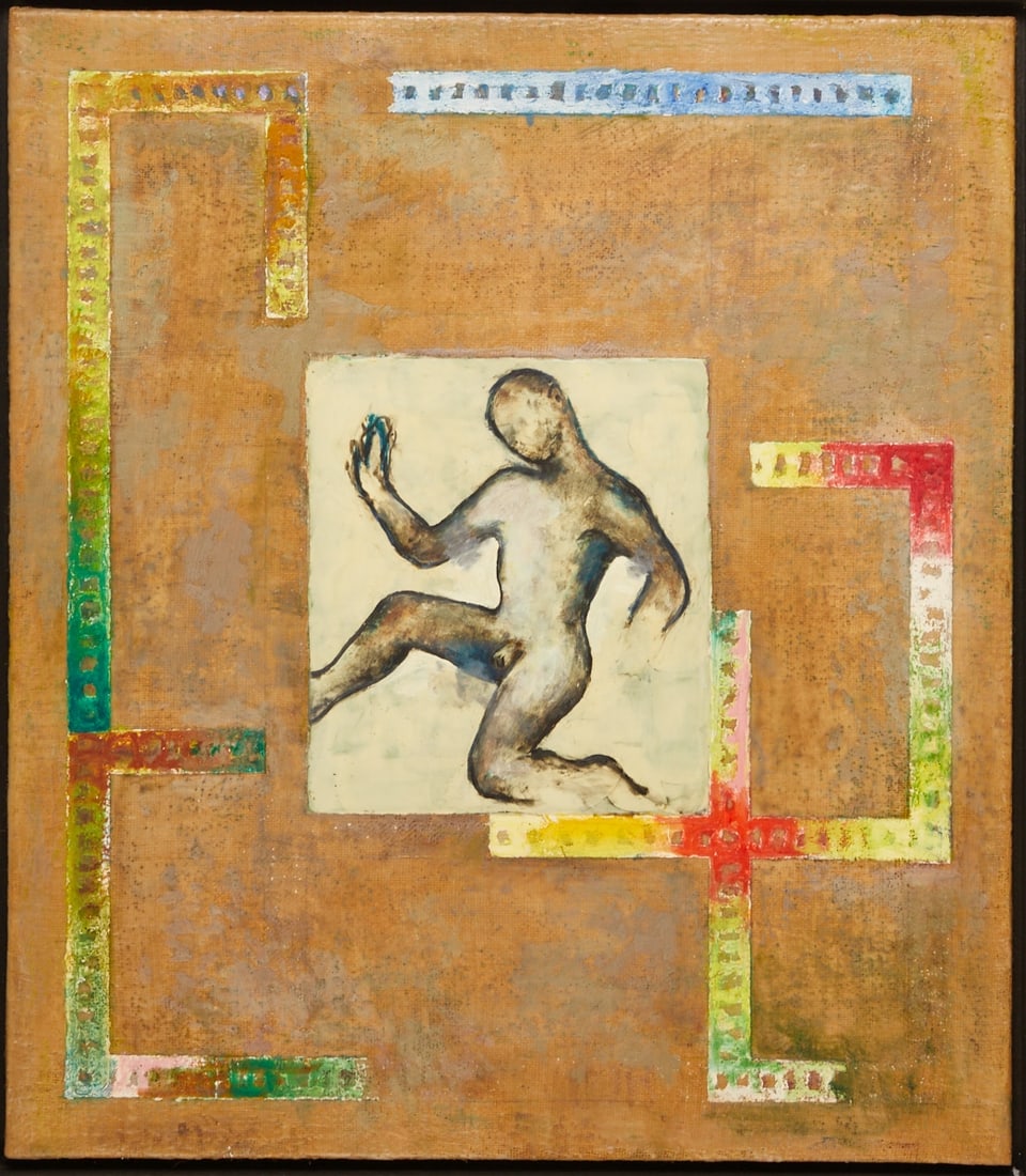 Hinrich Gauerke: Hinrich Gauerke 1950 - Figuration - (1995) Mixed media/hessian. 80 x 70 cm, 86 x 75.7 cm (dimensions with frame). Signed and dated on reverse: H. Gauerke (19)95. Frame.