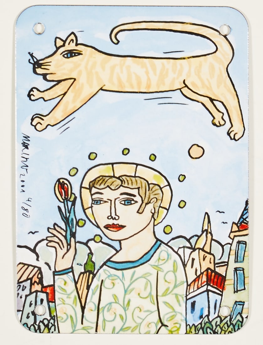 Moritz Götze: Moritz Götze 1964 Halle/Saale - Woman with Cat - (2001) Color offset print/metal plate. 4/80. 21 x 15 cm. Signed and dated lower middle: Moritz G. 2001. The plate is loose.