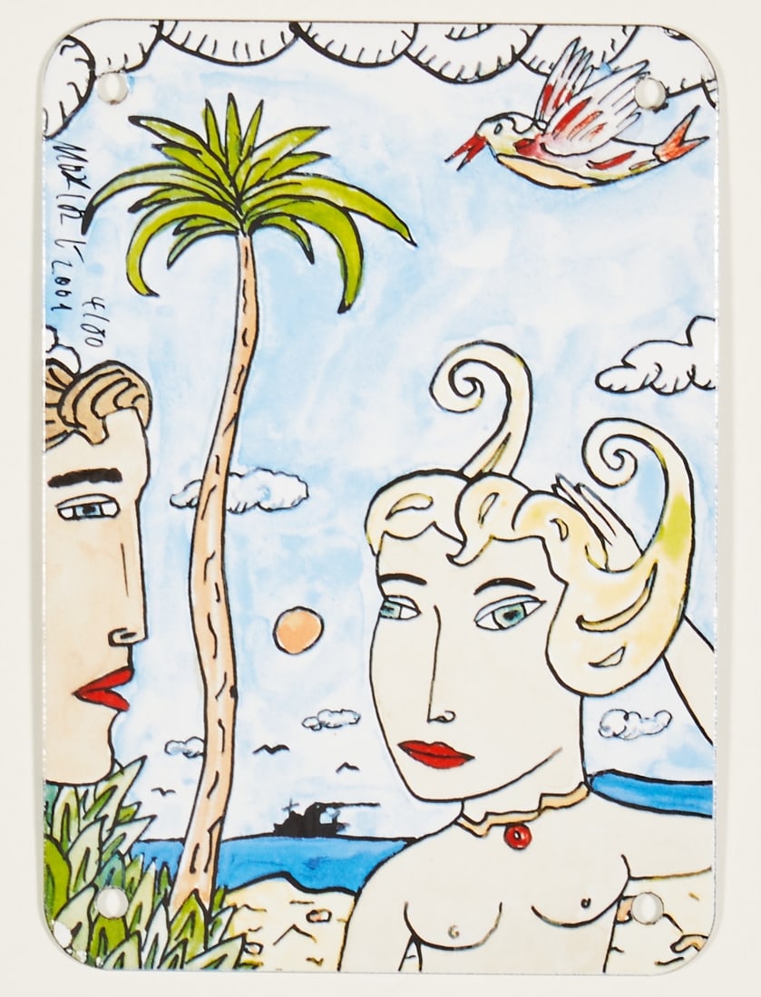 Moritz Götze: Moritz Götze 1964 Halle/Saale - Couple at a Palm Tree - (2001) Color offset print/metal plate. 4/80. 21 x 15 cm. Signed and dated upper left: Moritz 2001. The plate is loose.