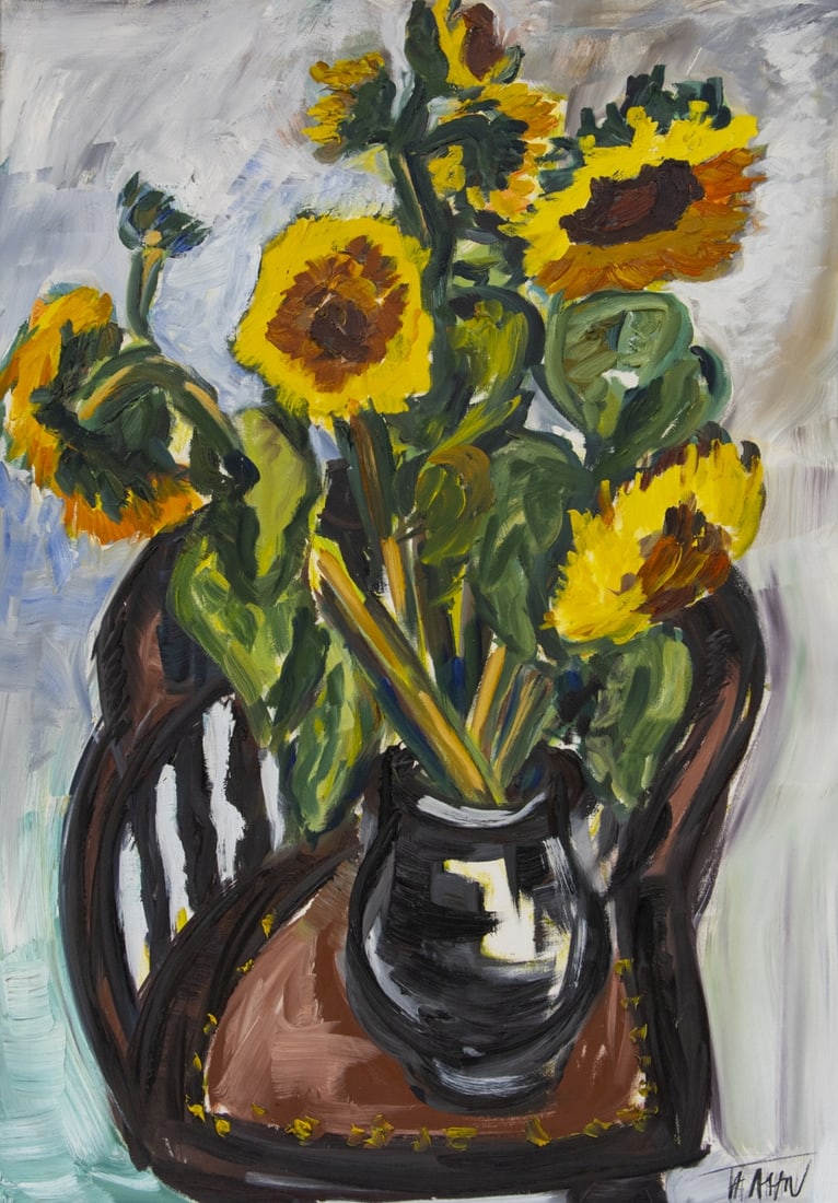 Klaus Hahn: Klaus Hahn 1925 Heilbronn - 2019 Lacanau - Sunflowers - Oil/canvas. 100 x 70.5 cm. Signed lower right: HAHN. Framed.