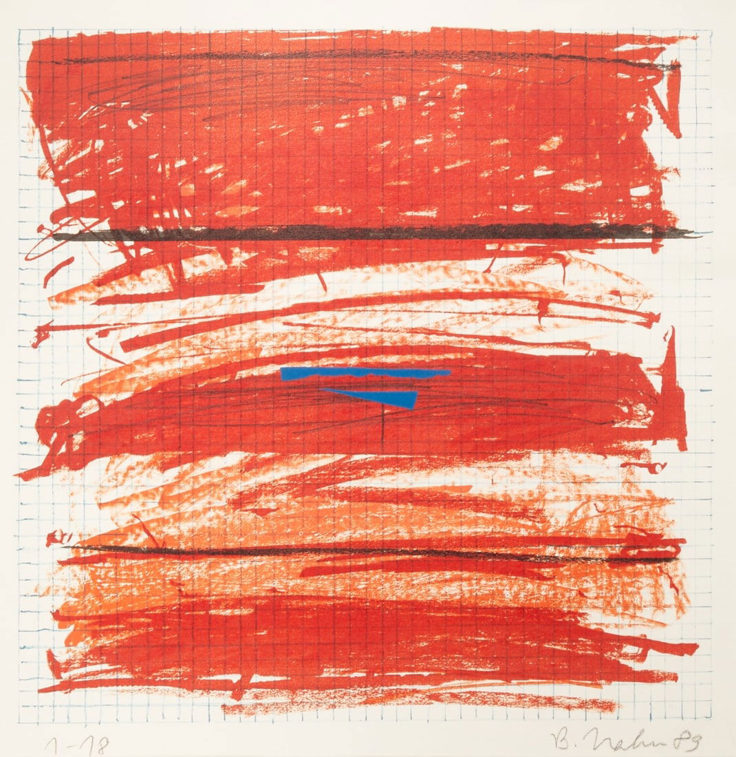 Bernd Hahn: Bernd Hahn 1954 Neustadt/Saxony - 2011 Burgstädtel near Dohna - "Red Bars in front of Grid" - (1989) Color offset and silkscreen/paper. 1/18. 44.1 x 44.1 cm, 52.5 x 67.5 cm, 73 x 73