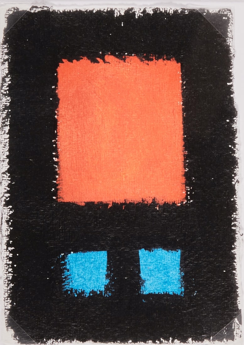 Bernd Hahn: Bernd Hahn 1954 Neustadt/Sachsen - 2011 Burgstädtel near Dohna - Red and Two Blue Fields - (1986) Ink and watercolor/handmade paper. 15 x 11 cm. 31 x 25 cm (dimensions with frame). Signed and dat
