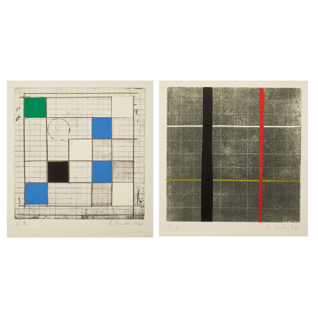 Bernd Hahn: Bernd Hahn 1954 Neustadt/Saxony - 2011 Burgstädtel near Dohna Collection - Abstract with stripes in black and red - (1997) Color etching/paper. A.P. 24.8 x 24.8 cm, 39.4 x 54 cm. Signed and dated lo