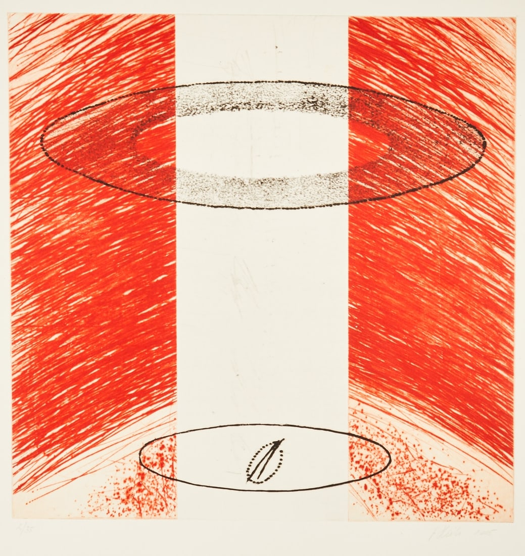 Johannes Haider: Johannes Haider 1954 Eisenstadt - 2014 Oslip - Untitled (black ring with two red vertical stripes) - (2005) color etching/paper. 2/35. 49.8 x 49.5 cm, 62 x 62 cm. Signed and dated lower right: J.Haide