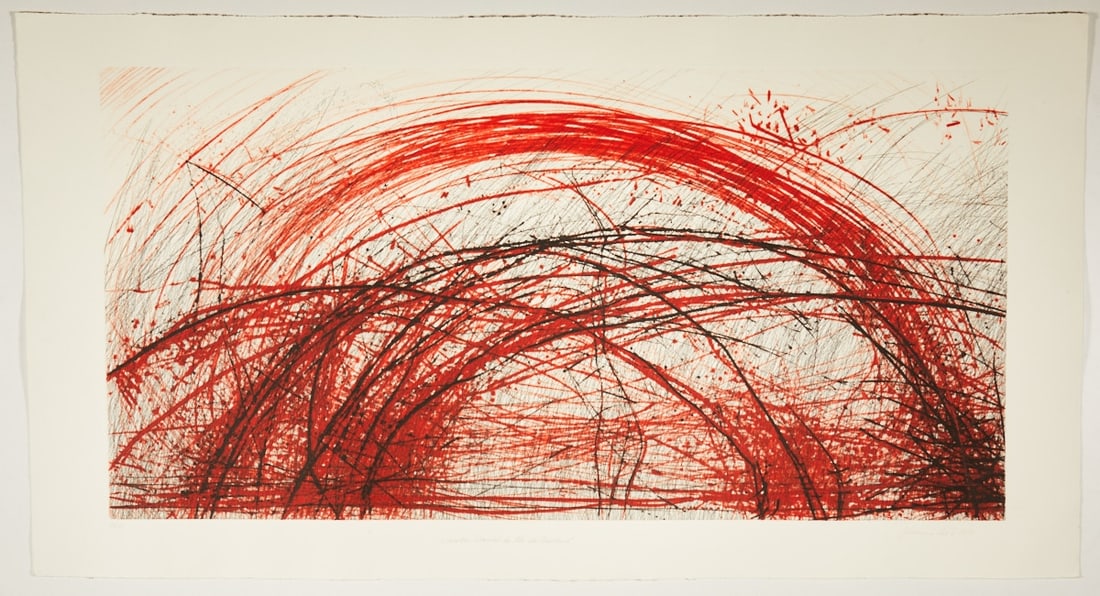 Johannes Haider: Johannes Haider 1954 Eisenstadt - 2014 Oslip - "In the morning, the vine covers the hilly landscape" - (2013) color etching/paper. 13/34. 49.7 x 98.6 cm, 61.5 x 115.5 cm. Signed and dated lo