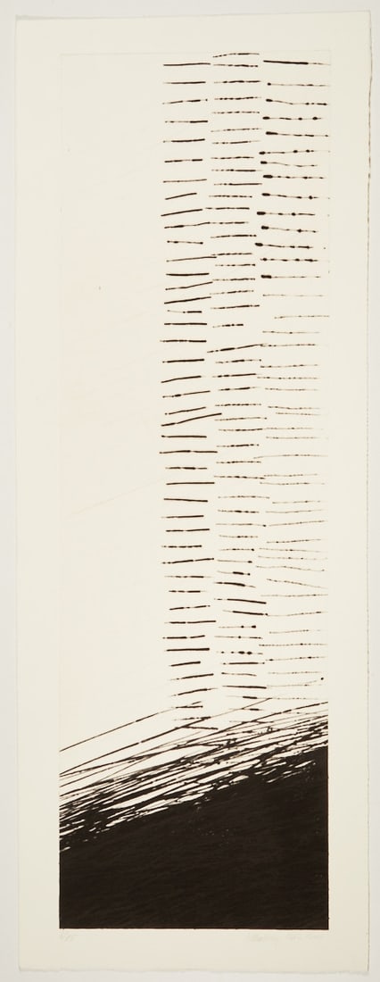 Johannes Haider: Johannes Haider 1954 Eisenstadt - 2014 Oslip - Untitled (black below, black horizontal lines on the right side) - (2001) Color etching/paper. 6/15. 97 x 30 cm, 105.6 x 39.3 cm. Signed and dated lower