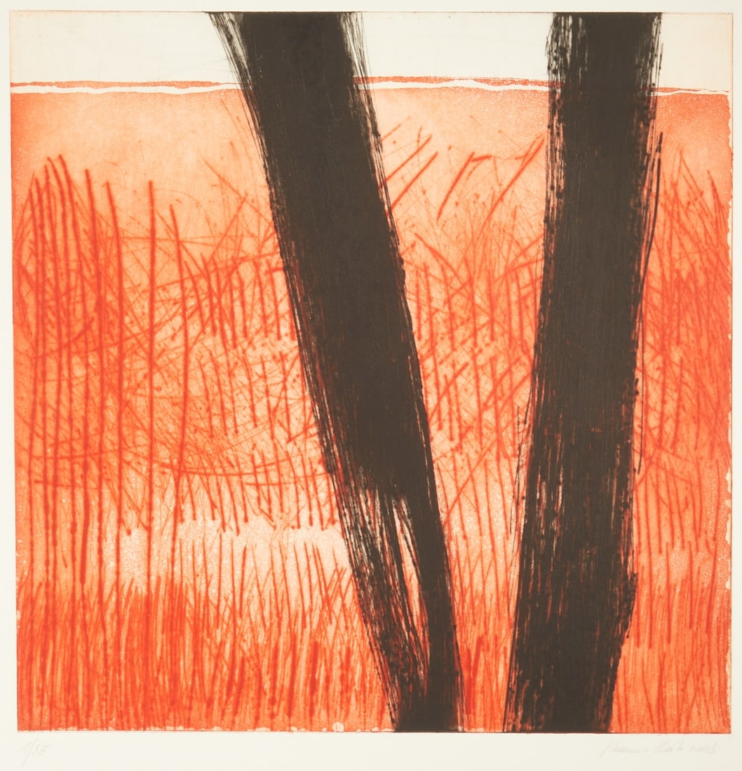 Johannes Haider: Johannes Haider 1954 Eisenstadt - 2014 Oslip - Untitled (two black strokes with a red background) - (2006) color etching/paper. 1/35. 49.8 x 49.3 cm, 62 x 62 cm. Signed and dated lower right: