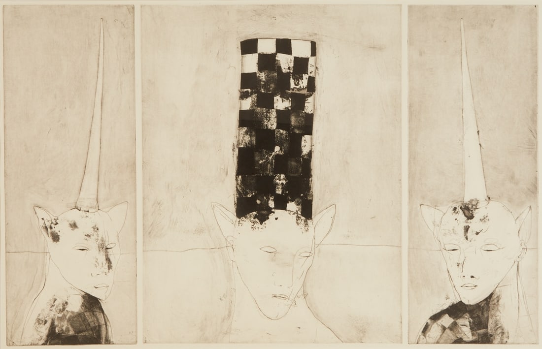 Angela Hampel: Angela Hampel 1956 Räckelwitz Triptych - Three Beauties - Etching/paper. 11/14. 64.3 x 100 cm, 79.5 x 114 cm, 95.5 x 125 cm (dimensions with frame). Signed lower right: A. Hampel.