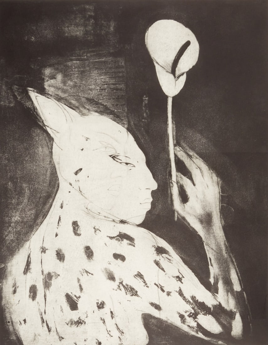 Angela Hampel: Angela Hampel 1956 Räckelwitz - Cat-person with Kala - Etching/paper. 2/5. 64.5 x 49.5 cm, 79 x 62.5 cm, 95.3 x 75.3 cm (dimensions with frame). Signed lower right: Angela Hampel.