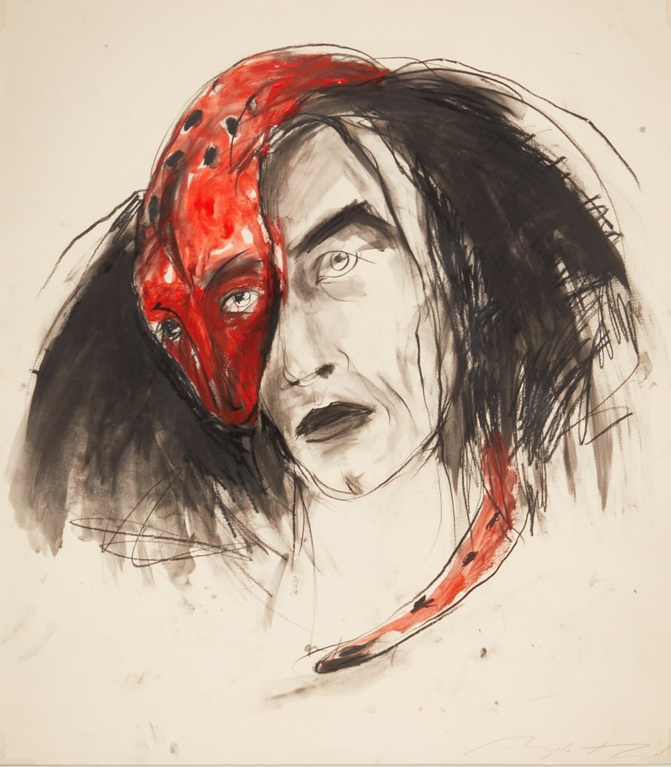 Angela Hampel: Angela Hampel 1956 Räckelwitz - Woman with Cat - Charcoal pencils and mixed media/paper. 55 x 48 cm (passe-partout cutout). 85 x 75.5 cm (dimensions with frame). Signed lower right: Angela