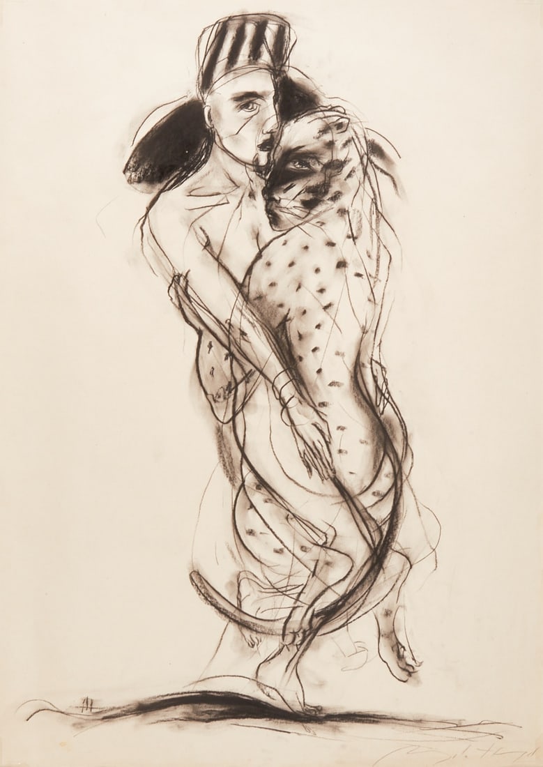 Angela Hampel: Angela Hampel 1956 Räckelwitz - Woman and Cat-person - Charcoal pencil/paper. 59.5 x 42 cm, 85.3 x 65 cm (dimensions with frame). Signed lower right: Angela Hampel. Passe-partout. Framed under