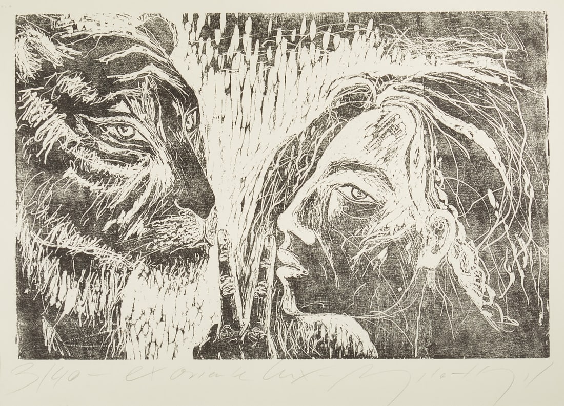 Angela Hampel: Angela Hampel 1956 Räckelwitz - "Ex oriente lux" - Woodcut/paper. 3/40. 38 x 58 cm, 45 x 62 cm (mat opening). 61 x 81 cm (dimensions with frame). Signed lower right: Angela Hampel.