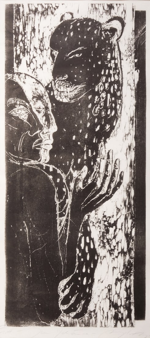 Angela Hampel: Angela Hampel 1956 Räckelwitz - Man with Cat - Lithograph/paper. A. P. 87.5 x 38.4 cm, 92 x 41 cm, 115 x 65.4 cm (dimensions with frame). Signed lower right: Angela Hampel. Mat. Framed under