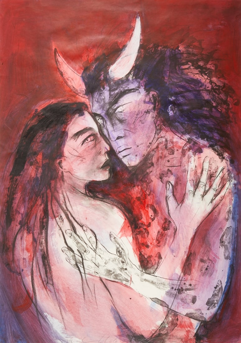 Angela Hampel: Angela Hampel 1956 Räckelwitz - Beauty with Horned Creature - Mixed media over lithograph/paper. 91.5 x 64.5 cm. 123.7 x 93.5 cm (dimensions with frame). Signed lower right: A. Hampel. With