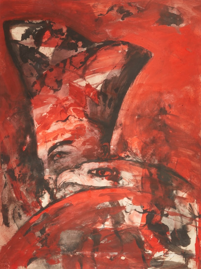 Angela Hampel: Angela Hampel 1956 Räckelwitz - Untitled (Woman and Bird Head) - Mixed media/paper. 81 x 61 cm (mat opening). 124 x 94 cm (dimensions with frame). Mat. Framed under glass.