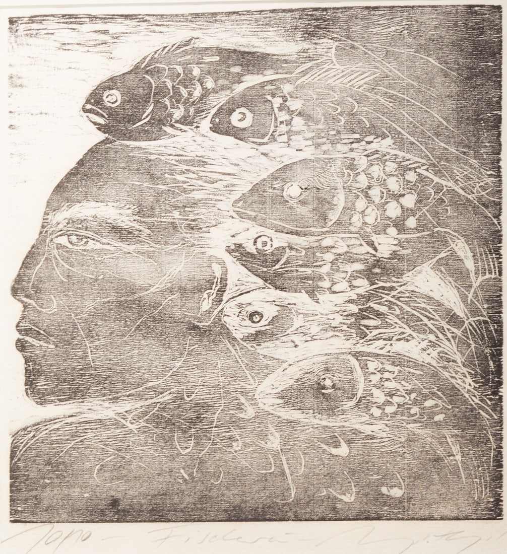 Angela Hampel: Angela Hampel 1956 Räckelwitz - "Fisherwoman" - Woodcut/paper. 10/10. 38 x 36.7 cm, 41.5 x 38 cm (mat opening), 61 x 61 cm (dimensions with frame). Titled lower middle: Fisherwoman.