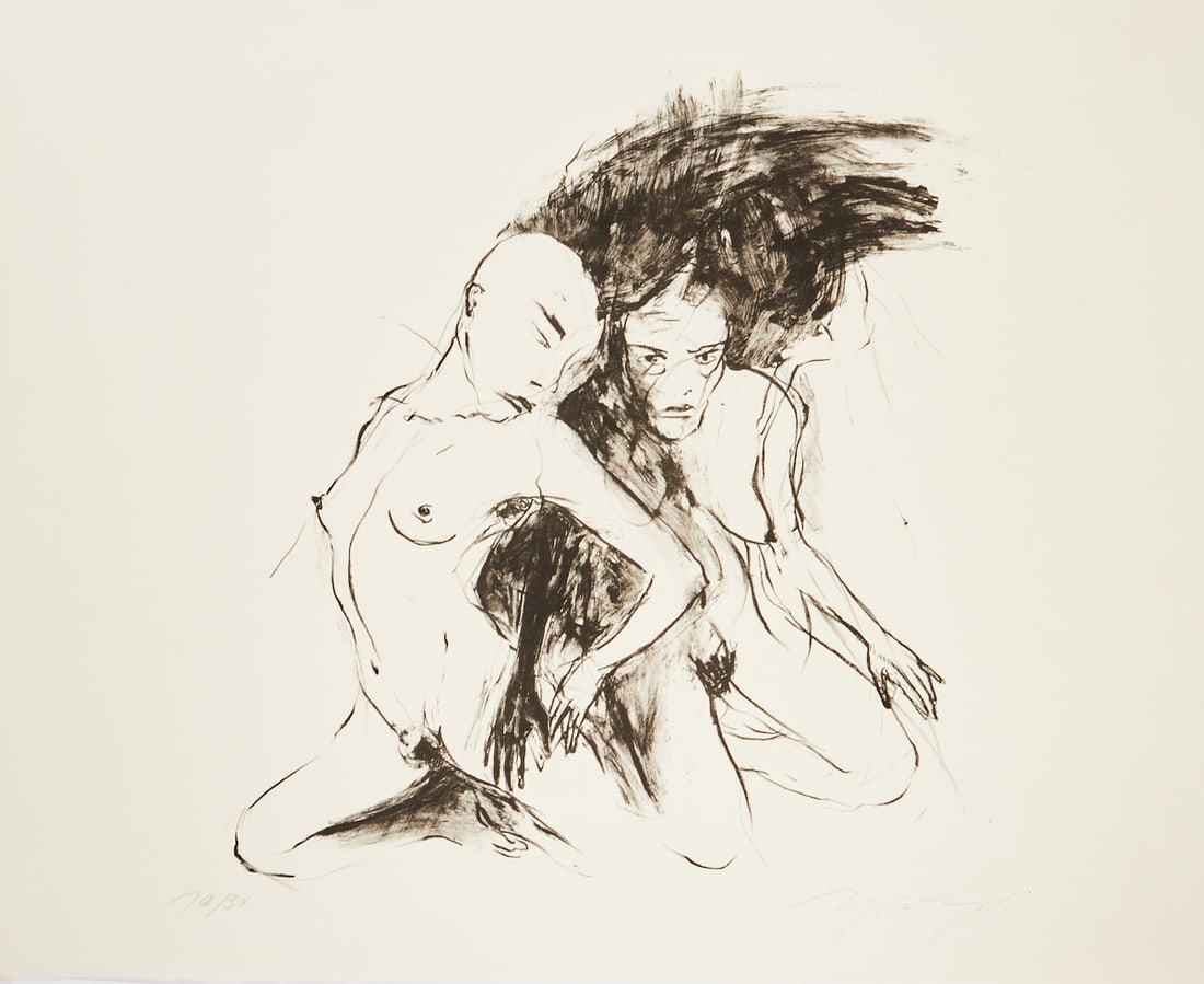 Angela Hampel: Angela Hampel 1956 Räckelwitz - Female Couple - (1989) Lithograph/paper. 10/30. 42 x 40 cm, 52.1 x 65 cm. Signed lower right: A. Hampel. The sheet is loose. Mat.