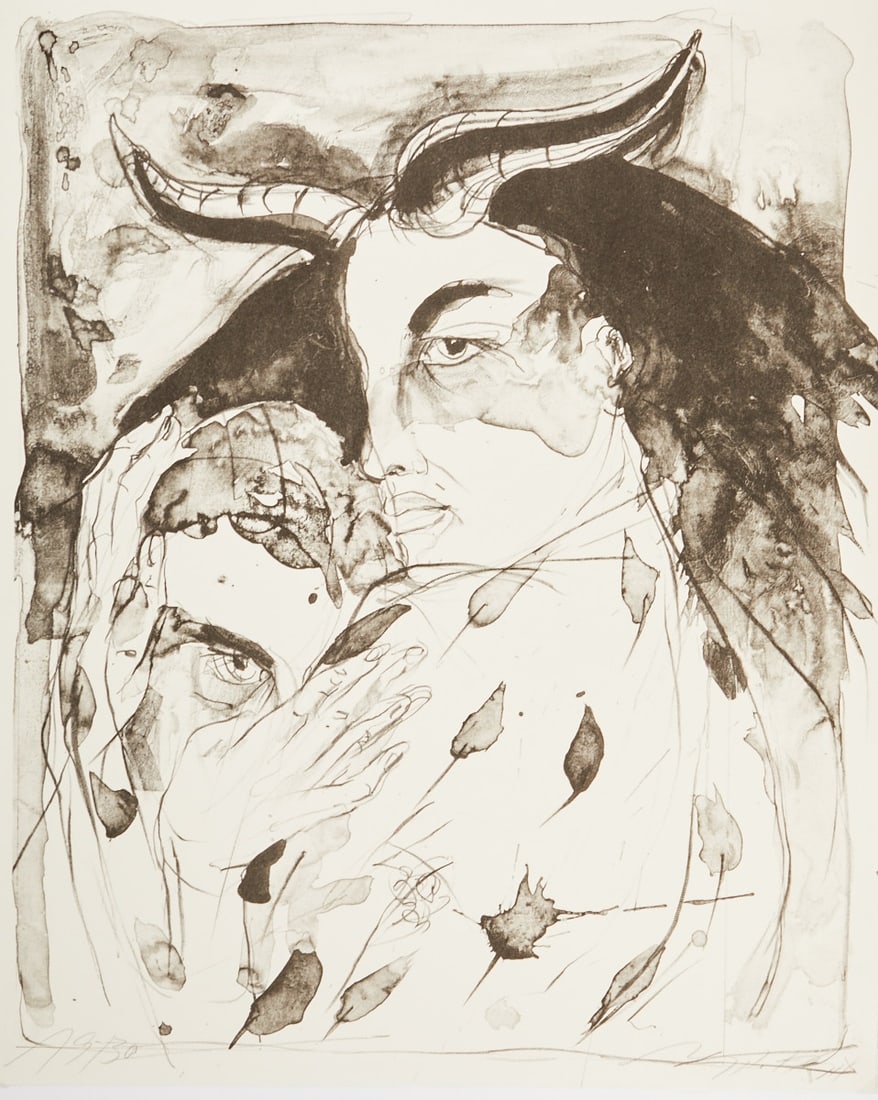 Angela Hampel: Angela Hampel 1956 Räckelwitz - Woman with Horned Figure - Lithograph/Paper. 19/30. 58.5 x 48 cm, 61.5 x 50.1 cm. Signed lower right: A. Hampel. The sheet is loose. Passepartout.