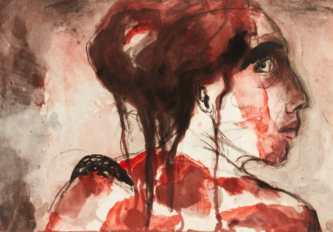 Angela Hampel: Angela Hampel 1956 Räckelwitz - Woman's Profile - Watercolor/Paper. 29.4 x 41.5 cm. Signed lower right: A. Hampel. The sheet is loose. Creased.