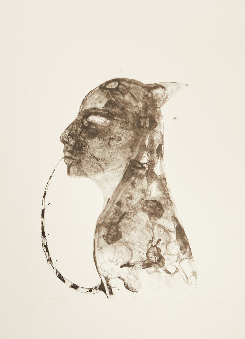 Angela Hampel: Angela Hampel 1956 Räckelwitz - Woman Animal - Lithograph/Paper. 11/20. 40.5 x 28.5 cm, 63 x 46 cm. Signed lower right: A. Hampel. The sheet is loose. Passepartout.