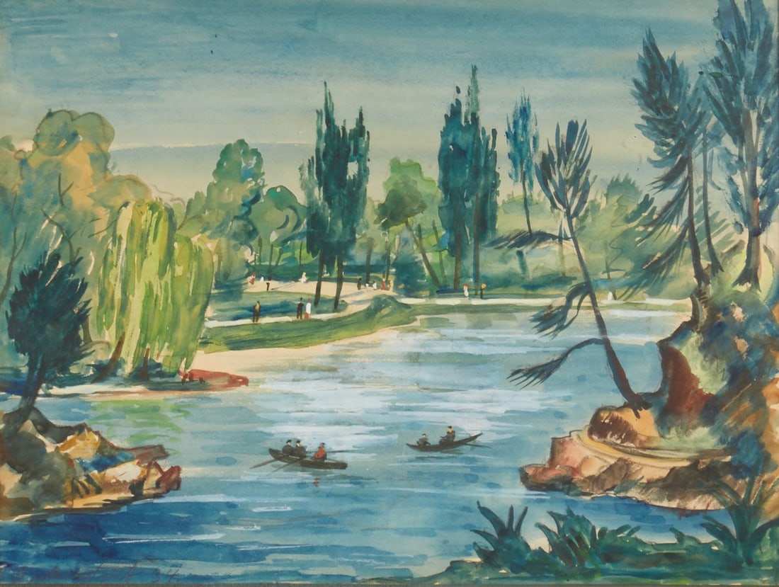 Franz Heckendorf: Franz Heckendorf 1888 Berlin - 1962 Munich - Berlin park landscape with rowers and strollers - (1934) Watercolor/paper. 29.5 x 39.5 cm (mat opening). 56 x 65 cm (framed size). Signed and dated lower l