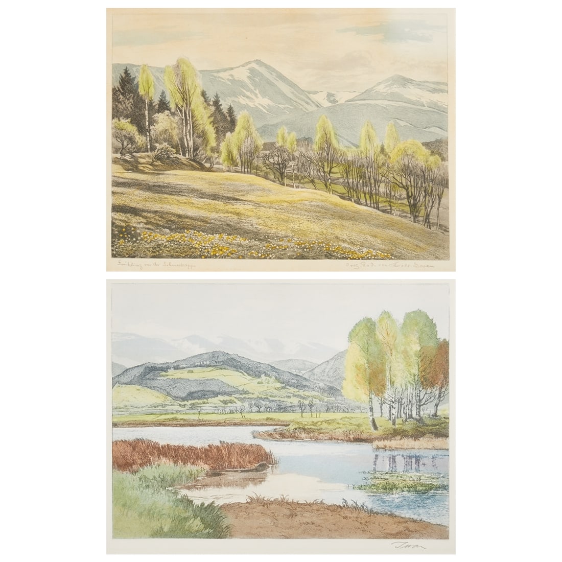 Friedrich Iwan: Friedrich Iwan 1889 Landeshut, Lower Silesia - 1967 Wangen in Allgäu - Giersdorfer Ponds with a view of the Snow Pits - Colour etching/paper. 25.8 x 33.8 cm, 39 x 49 cm (visible dimensions). 41 x 51