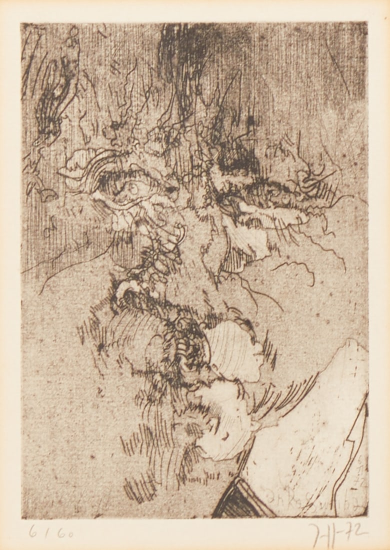 Horst Janssen: Horst Janssen Hamburg 1929 - Hamburg 1995 - Self-portrait "To Roswita" - (1972) etching/paper. 6/60. 14.7 x 10.4 cm, 16.5 x 12.2 cm (passe-partout cutout). 41.4 x 31.3 cm (dimensions with frame).