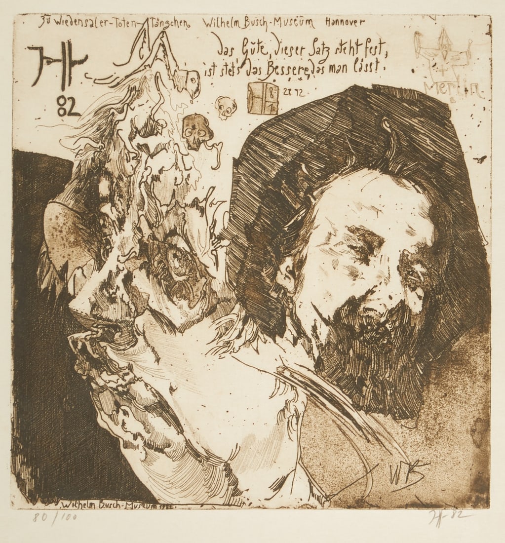 Horst Janssen: Horst Janssen 1929 Hamburg - 1995 Hamburg - "To Wiedensaler Dance of Death (Self-portrait with Wilhelm Busch)" - (1982) etching/paper. 80/100. 37 x 35.6 cm, 56.4 x 48 cm. 62 x 53 cm (dimensions with f