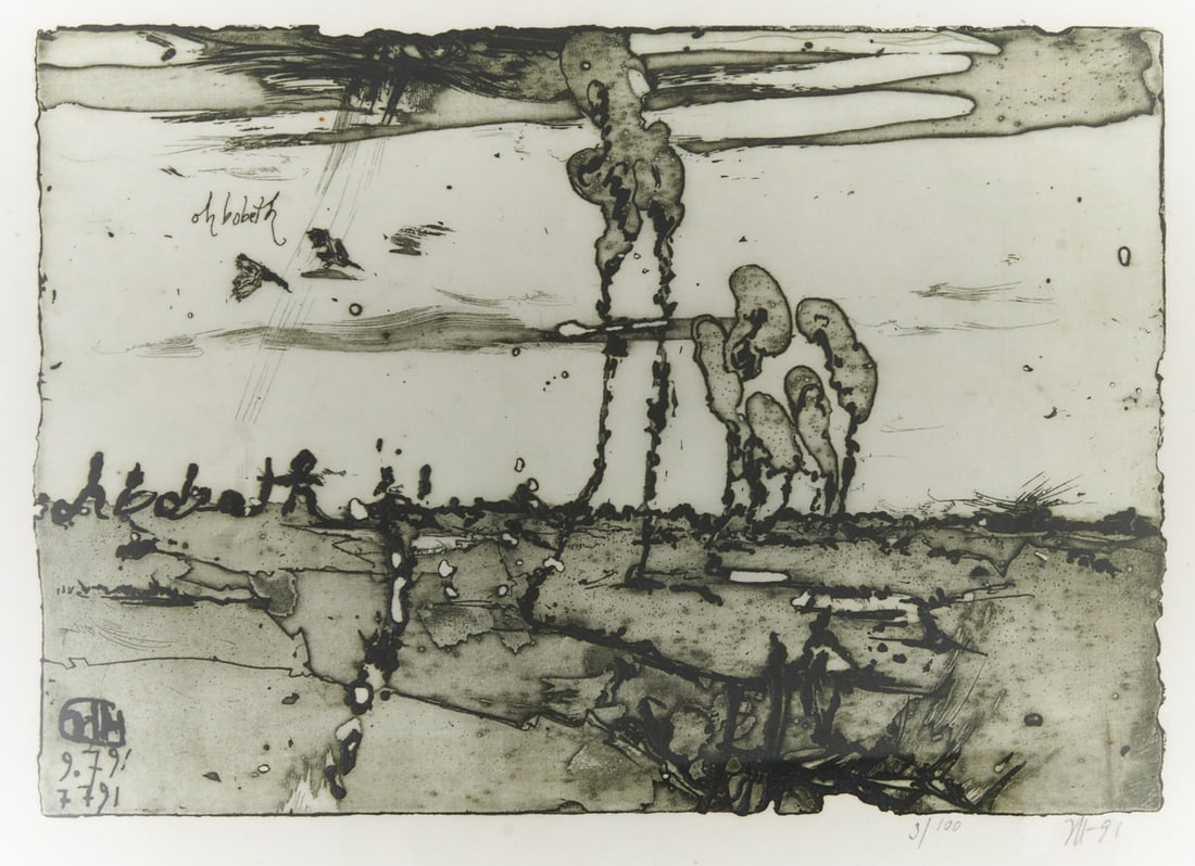 Horst Janssen: Horst Janssen 1929 Hamburg - 1995 Hamburg - "oh bobeth" - (1991) Etching/paper. 3/100. 20.7 x 29.5 cm, 26.5 x 35.2 cm, 33 x 43 cm (dimensions with frame). Monogr. and signed lower right: HJ (19)91. Fr