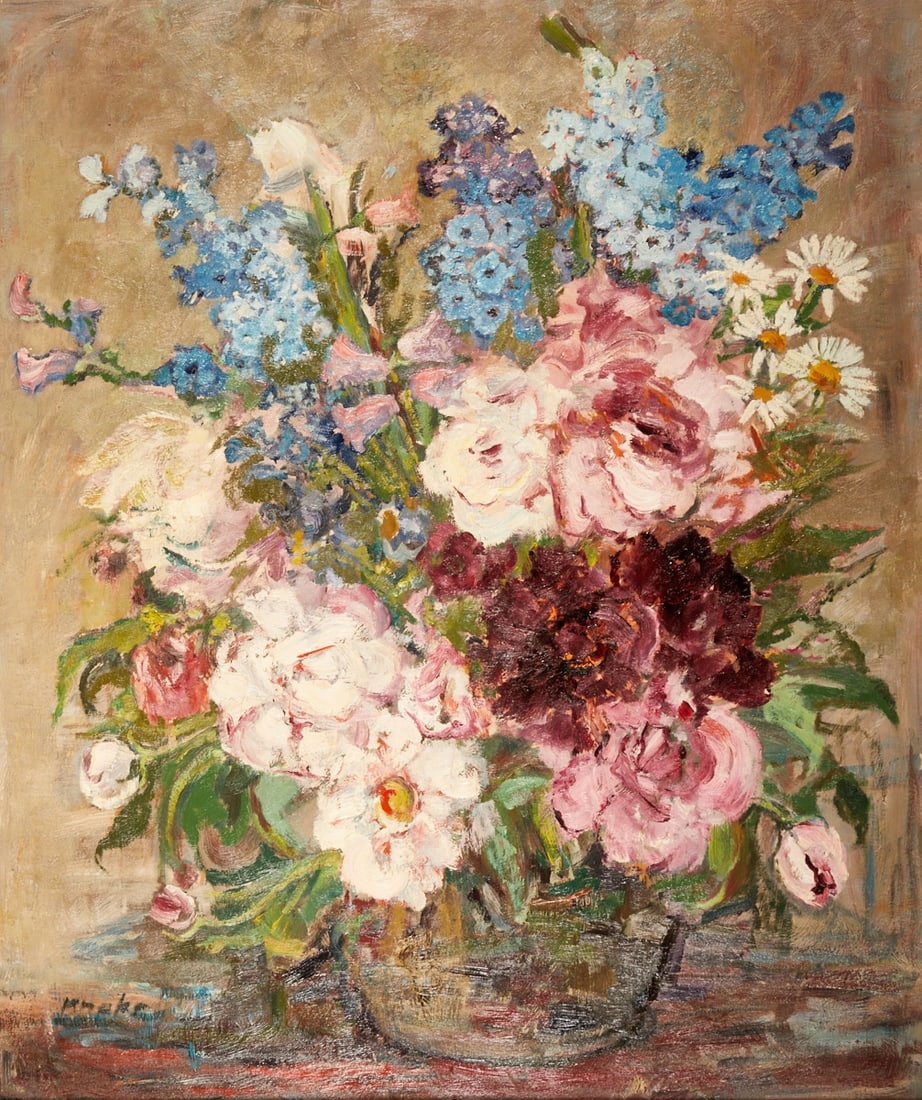 Albert Knoke: Albert Knoke 1896 Heiningen - 1960 Hanover - Flower Still Life - oil/hardboard. 81 x 68 cm. 99 x 86 cm (dimensions with frame). Signed lower left: Knoke. Ornamental frame. - Lit.: Dressler 1, p. 524.