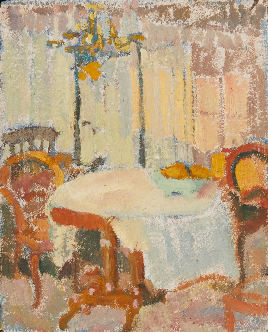 Minna Köhler-Roeber: Minna Köhler-Roeber 1883 Reichenbach - 1957 Friesen - Interior - Oil/cardboard on hardboard. 20 x 16 cm. 36.5 x 32.5 cm (dimensions with frame). On the reverse of the frame with estate label.