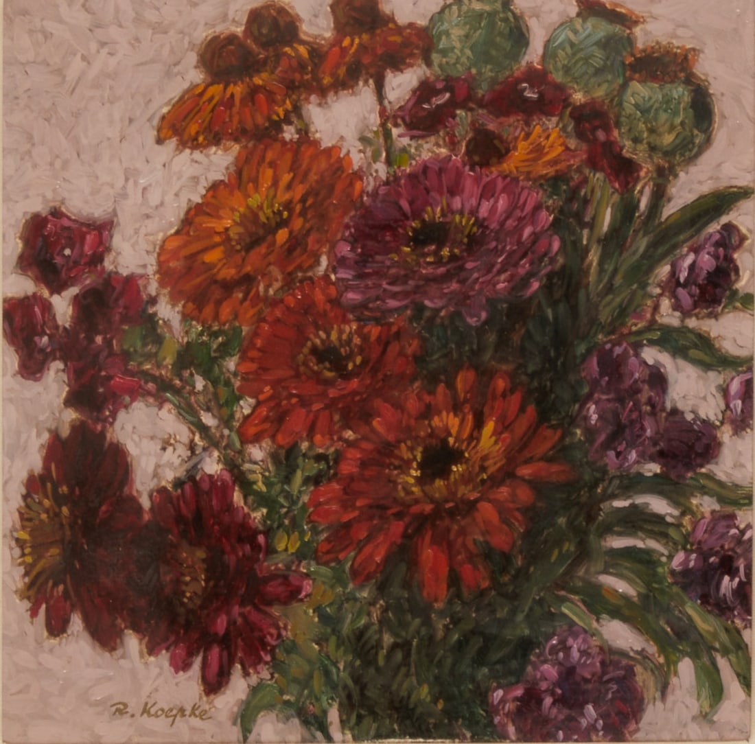 Robert Koepke: Robert Koepke 1893 Bremen - 1968 Frankenburg - Flowers - Oil/Bristol board. 19 x 19.5 cm (Passe-partout cutout), 55.5 x 53.3 cm (dimensions with frame). Signed lower left: R. Koepke. Passe-partout.