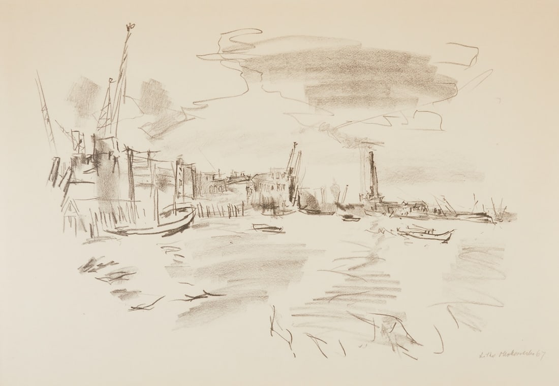 Oskar Kokoschka: Oskar Kokoschka 1886 Pöchlarn - 1980 Montreux - "Port of London II" - (1967) Lithograph/paper. 52 x 76 cm, 62.5 x 89.4 cm (visible dimensions), 66.5 x 93.5 cm (dimension with frame).