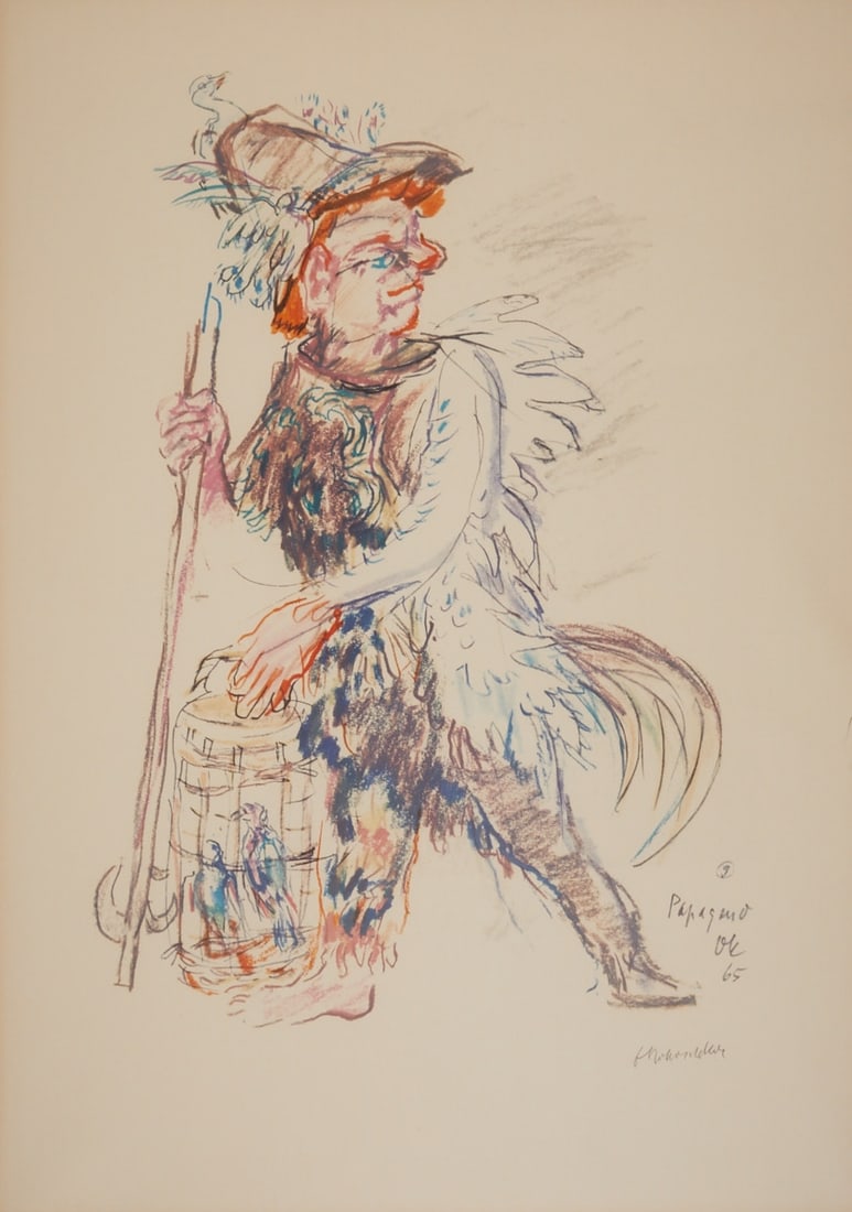Oskar Kokoschka: Oskar Kokoschka 1886 Pöchlarn - 1980 Montreux - "Papageno" - (1965) Color offset lithograph/paper. 75 x 53 cm (passe-partout opening), 95.5 x 71.4 cm (dimension with frame). Signed
