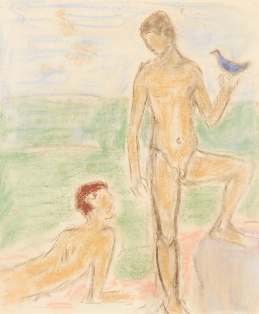 Paul Kother: Paul Kother 1878 Leipzig - 1963 Weimar - Male Nude - Pastel chalk/paper. 48 x 40.5 cm (passe-partout opening), 78.5 x 70.8 cm (dimension with frame). Passe-partout. Framed under glass. Foxed. -