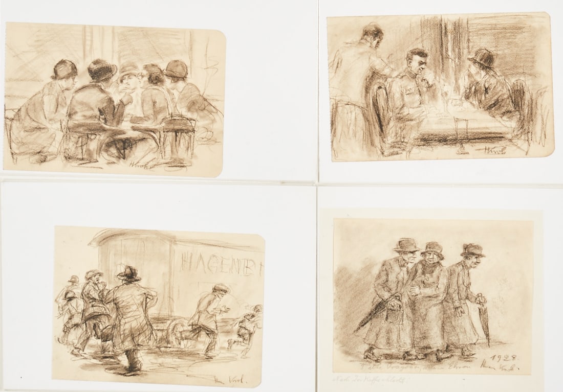Heinz Kroh: Heinz Kroh 1881 Cologne-Deutz - 1972 Dortmund Collection - Brawl at Hagenbeck Circus - Charcoal/paper. 14.9 x 20 cm. Signed lower right: H. Kroh. The sheet is loose. - Women's gathering -