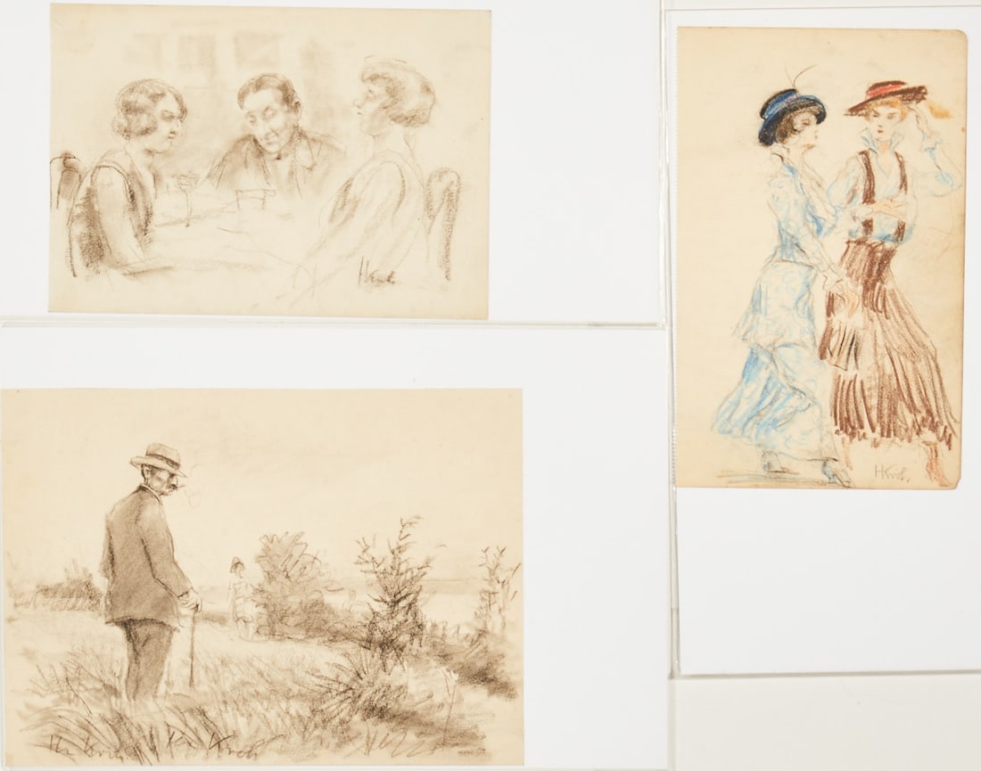 Heinz Kroh: Heinz Kroh 1881 Cologne-Deutz - 1972 Dortmund Collection - Two Ladies - Pastel crayon/paper. 20.8 x 13 cm. Signed lower center: H. Kroh. The sheet is loose. - Stroll - Charcoal pencil/paper. 17.4 x
