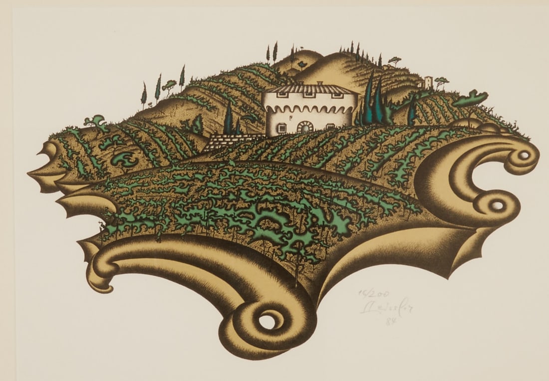 Arnold Leissler: Arnold Leissler 1939 Hanover - 2014 Hanover - Winery - (1984) Colour lithograph/paper. 16/200. 24.5 x 40.5 cm, 30 x 42.5 cm (visible dimensions), 43.5 x 53.5 cm (dimensions with frame). Signed and