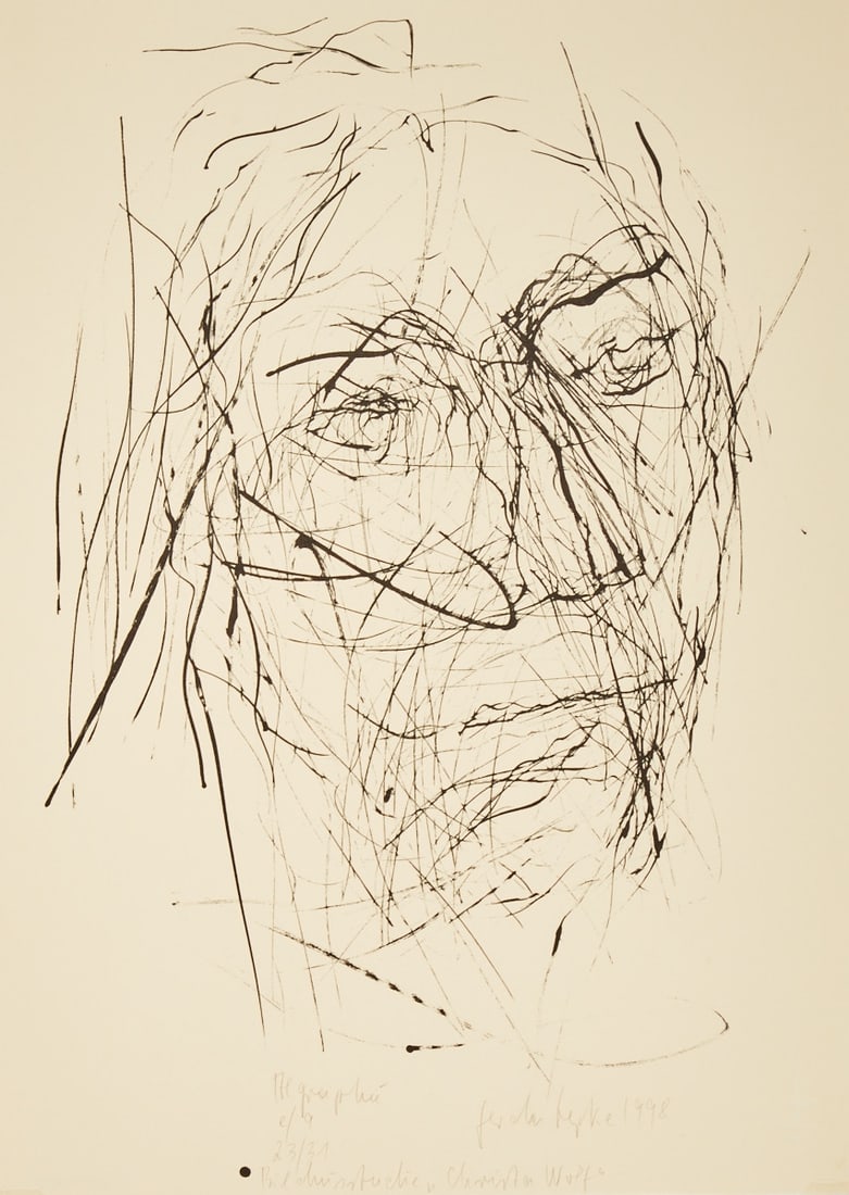 Gerda Lepke: Gerda Lepke 1939 Jena - lives in Gera and Dresden - Portrait study "Christa Wolf" - (1998) Lithograph/paper. e/a. 23/32. 45 x 30 cm, 53.3 x 38.4 cm. Signed and dated lower right: Gerda
