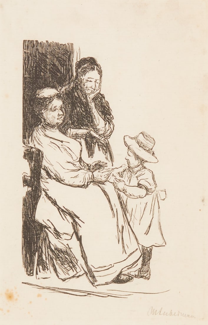 Max Liebermann: Max Liebermann 1847 Berlin - 1935 Berlin - Two Women and a Child - (1910) Woodcut/paper. 13.5 x 9.5 cm, 17 x 11.5 cm (mat opening). 29.5 x 23.5 cm (dimensions with frame). Signed lower right: