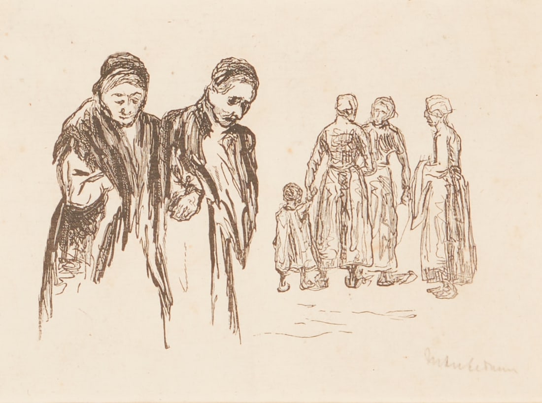 Max Liebermann: Max Liebermann 1847 Berlin - 1935 Berlin - Peasant Women - Woodcut/paper. 6.5 x 10 cm, 9.3 x 12.5 cm (mat opening), 23.4 x 27 cm (dimensions with frame). Signed lower right: Liebermann. Mat. Framed
