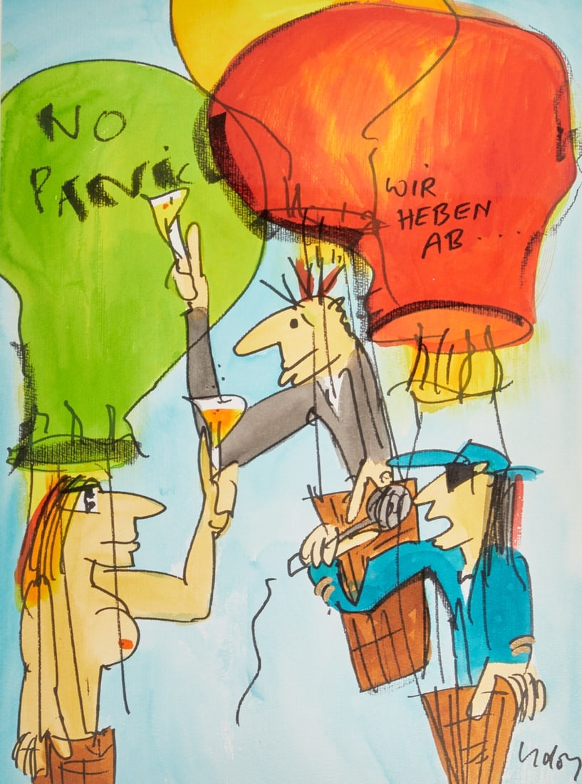 Udo Lindenberg: Udo Lindenberg 1946 Gronau/Westphalia - lives in Hamburg - "WIR HEBEN AB - NO PANIK" - (2010) Watercolor/paper. 47 x 35 cm (mat opening). 75 x 62 cm (dimensions with frame). Signed lower