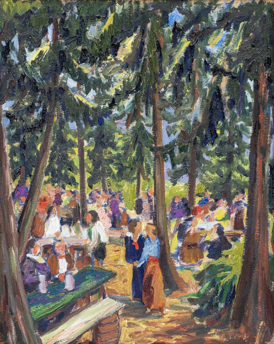 Attributed to Meike Lipp: Meike Lipp 1955 Hamburg attributed - In the Beer Garden - Oil/cardboard on hardboard. 50.5 x 41.5 cm. 65 x 56 cm (overall dimensions). Frame.