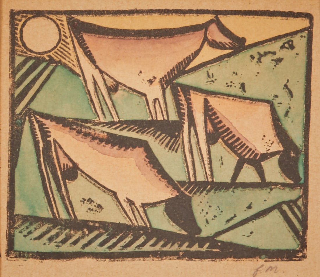 Ewald Mataré: Ewald Mataré 1887 Aachen - 1965 Büderich - "Cows with Sun" - Colored woodcut/paper. 8 x 9.8 cm, 9 x 10.5 cm (passe-partout cutout). Monogrammed lower right: E. M.