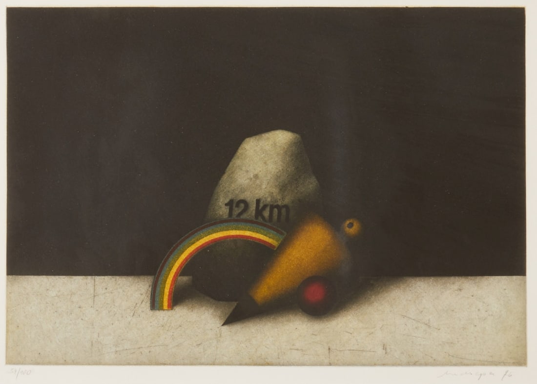 Friedrich Meckseper: Friedrich Meckseper 1936 Bremen - 2019 Berlin - "Still Life 12 km" - Color etching/paper. 54/100. 24.8 x 35.7 cm, 27 x 38 cm (passe-partout cutout). Signed and dated lower right: Meckseper