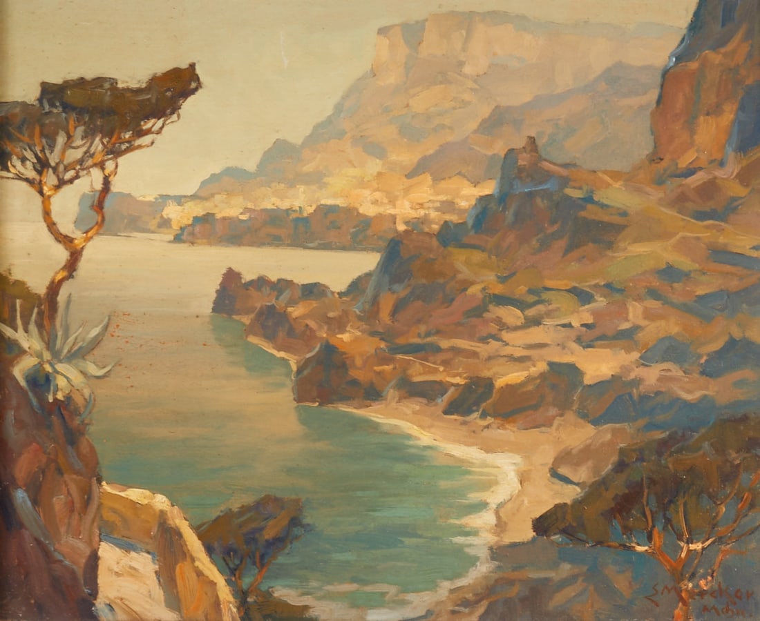 Erich Mercker: Erich Mercker 1891 Zabern/Alsace - 1973 Zabern/Alsace - The Bay of Monaco, Monte Carlo - Oil/hardboard. 39.5 x 50 cm. 58 x 68 cm (dimensions with frame). Signed and localized lower right: E. Mercker