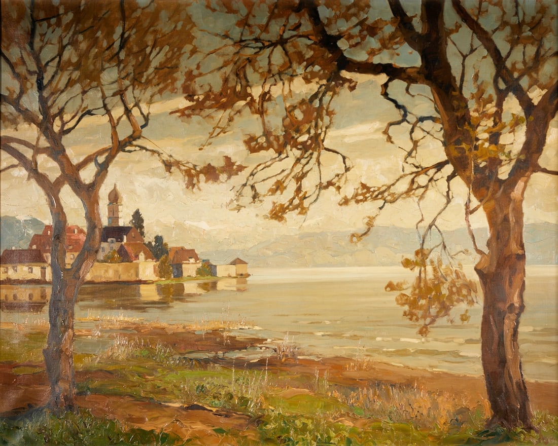 Erich Mercker: Erich Mercker 1891 Zabern/Alsace - 1973 Zabern/Alsace - "Wasserburg am Bodensee" - Oil/canvas. 81 x 100 cm. 93 x 113 cm (dimensions with frame). Signed and localized lower right: E.