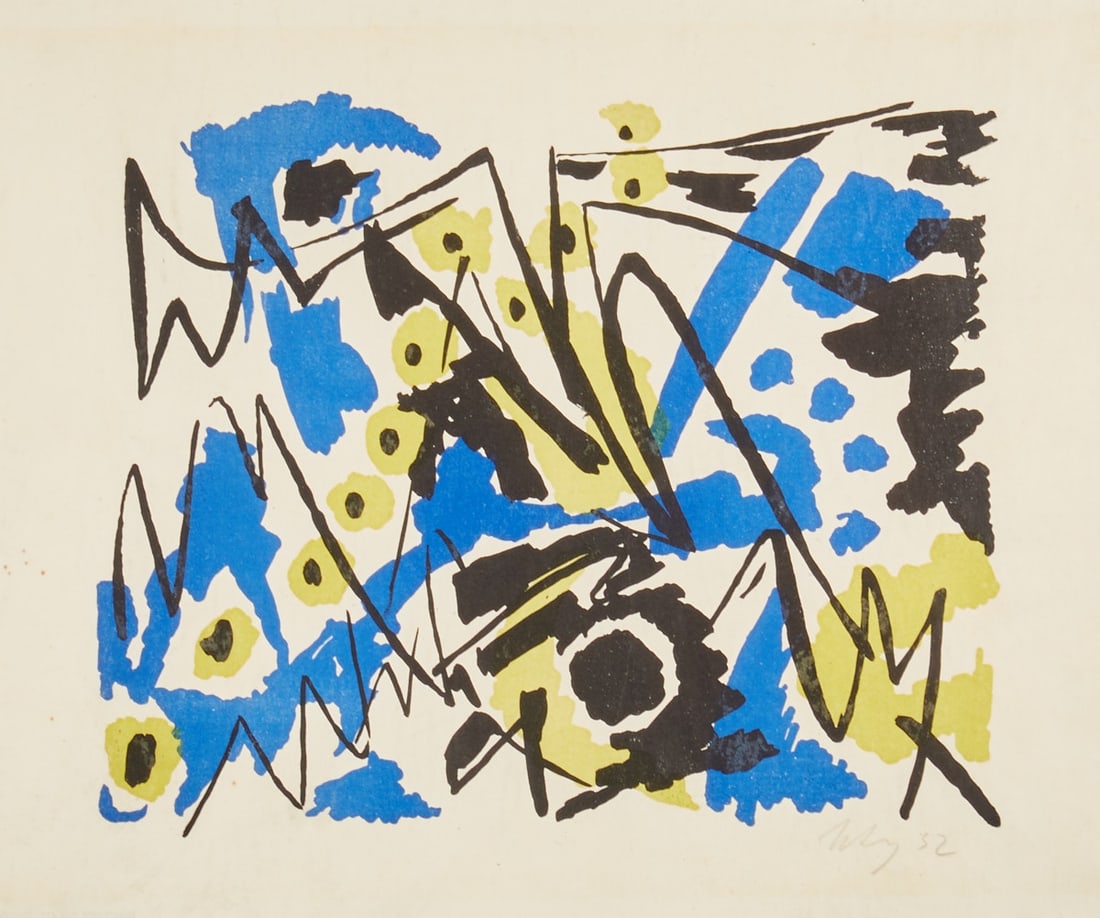 Ernst Wilhelm Nay: Ernst Wilhelm Nay 1902 Berlin - 1968 Cologne - "Composition in Black, Blue, Green-Yellow" - (1952) Color lithograph/vellum. 20 x 24.3 cm, 26 x 35.5 cm (sheet size), 25.5 x 30.3 cm (mat cutout), 51 x