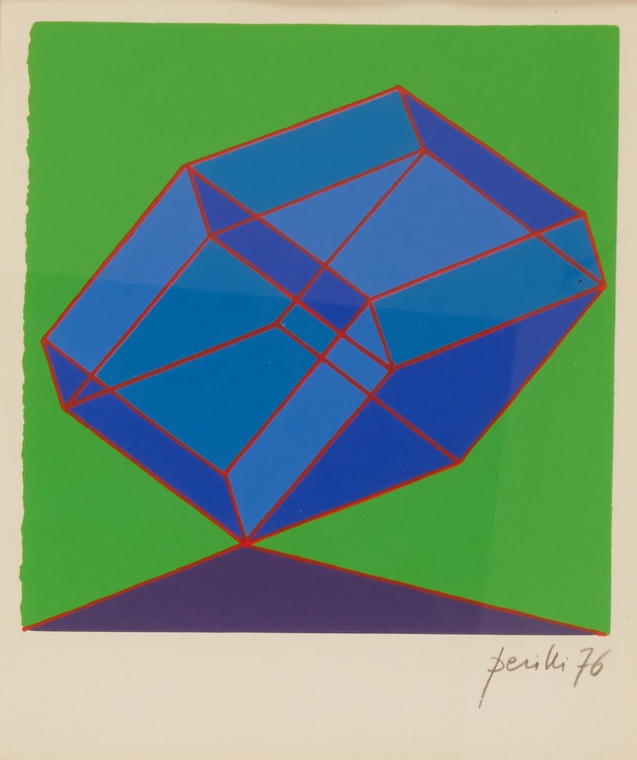 Achille Perilli: Achille Perilli 1927 Rome - lives in Turin - "Picche" - (1976) Color serigraph/paper. 4278/5000. 18.8 x 18.2 cm, 24 x 20 cm, 47 x 38 cm (dimensions with frame). Signed and dated lower right: